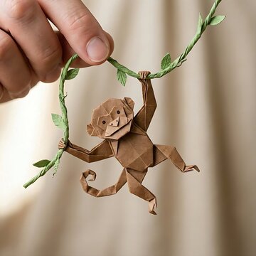 hand holding A playful origami monkey swinging from a vine, origami, monkey, paper, art, craft, folding, nature, animal, 