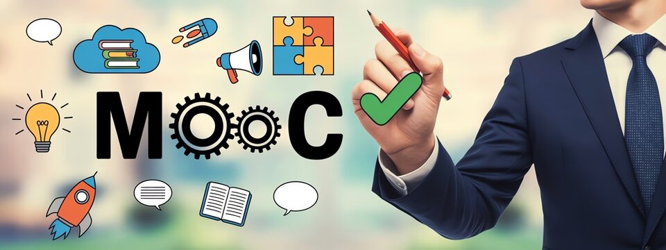 Business professional using digital tools and icons for online learning, MOOC concept, successful education idea