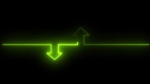 Glowing green neon continuous line forming up and down arrows isolated on black background, perfect for finance, trade, and data exchange concept.