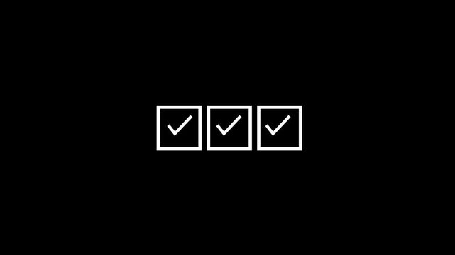 white check mark sign tick in blank white square check boxes on black background. 4k video animation 