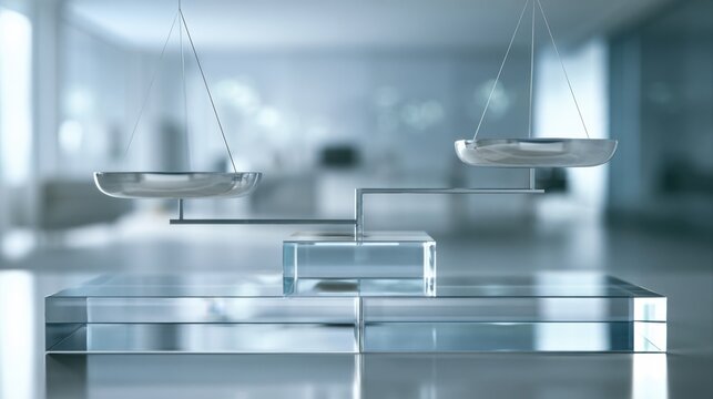 Weighing Options: A delicate balance scale, rendered in clean, modern design, rests on a clear acrylic pedestal, symbolizing choice and fairness in a sterile, contemplative environment.