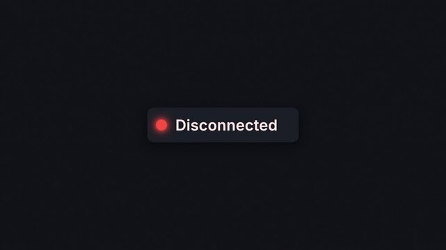 Clean dark mode UI animation of glowing green connection dot turning red with smooth ripple effect and Disconnected text.