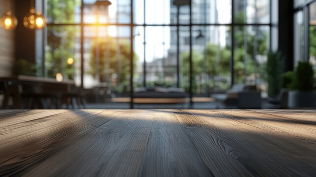 Rustic dark wooden table top surface in modern office blurred background setting