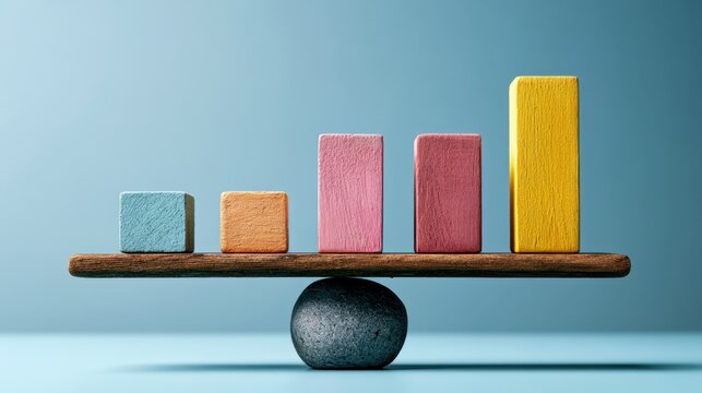 Balanced Growth: A set of colorful wooden blocks, arranged in ascending height, rests on a balancing scale, symbolizing economic growth, progress, and stability.