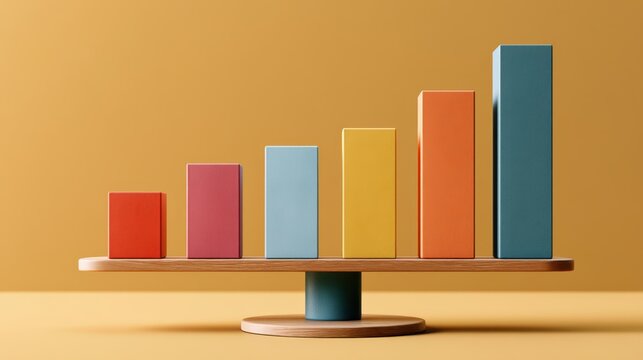 Rising Bar Chart on Seesaw: A colorful bar chart representing growth and progress is balanced on a wooden seesaw, symbolizing fluctuating economic conditions or the delicate balance of success.