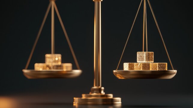 Balance of Weights: A close-up shot of a golden scale meticulously balancing two sets of gold cubes on its trays, symbolizing fairness and equilibrium.