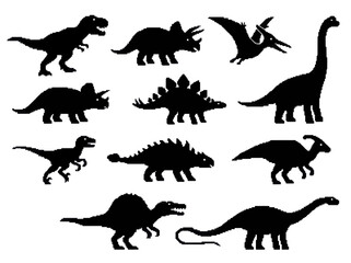 Collection of various dinosaur silhouettes in black on a white background. © MR.HAY