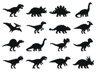 Collection of various dinosaur silhouettes in different poses, showcasing ancient creatures. © MR.HAY