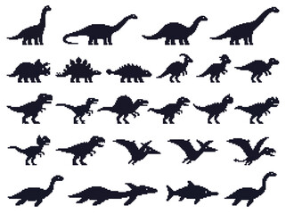 Collection of various dinosaur silhouettes in different poses and species. © MR.HAY