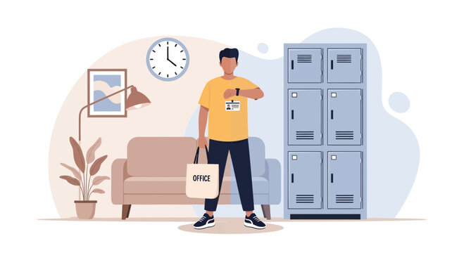 Man with tote bag checking watch near lockers and sofa in office waiting area