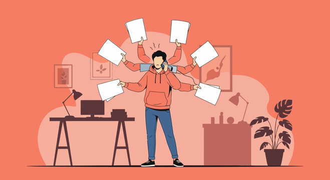 Multitasking Man Juggling Papers and Phone in Busy Home Office