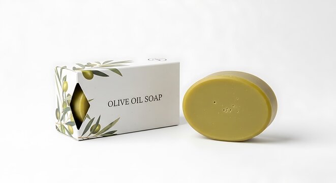 Natural olive oil soap bar and its packaging box on a white background
