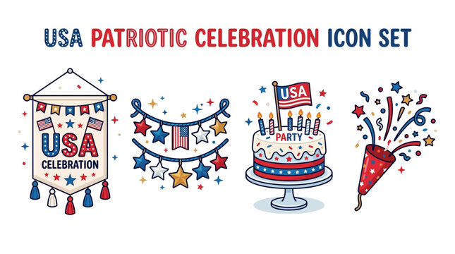 Patriotic icons celebrate USA independence with flags, cakes, and fireworks displays