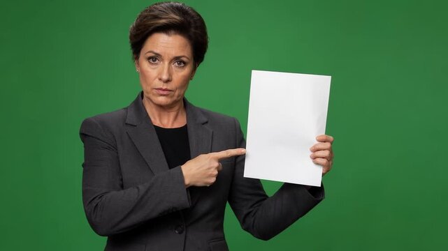 Businesswoman in dark suit pointing at blank paper on green screen background, professional presentation concept