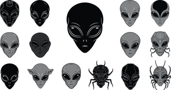 Alien Head Silhouette Collection with Extraterrestrial Character Faces and Sci Fi Icons