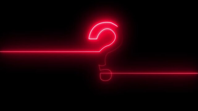 Glowing read neon continuous line forming a question mark isolated on black background, perfect for FAQ, help, problem-solving, and quiz concept.