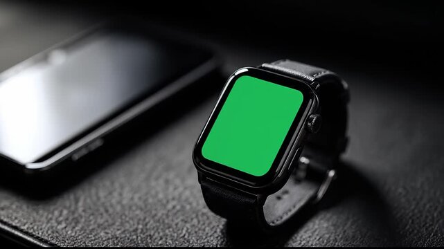 Closeup of a sleek smartwatch with a vibrant green screen next to a blurred smartphone on a dark textured surface