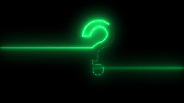 Glowing green neon continuous line forming a question mark isolated on black background, perfect for FAQ, help, problem-solving, and quiz concept.