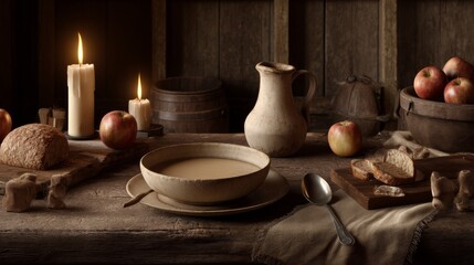 Fototapeta premium Rustic Table Setting with Bread, Apples, and Simple Pottery in a Warm, Candlelit Atmosphere