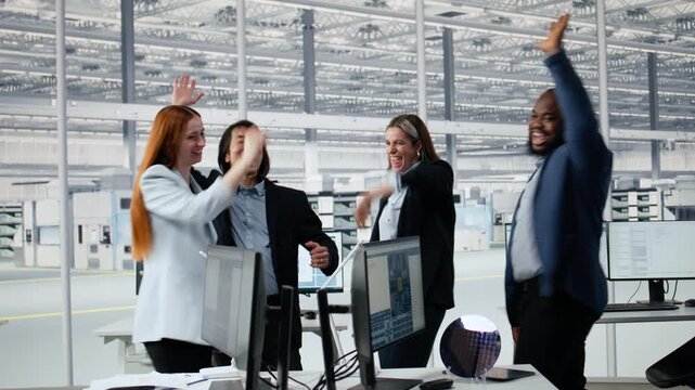 Achieving milestones, microchip factory and happy diverse engineering team office celebrating project completion.