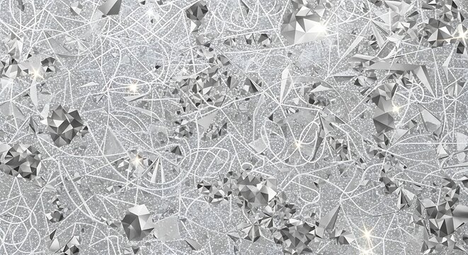 Intricate silver metallic tinsel and confetti texture background for festive design