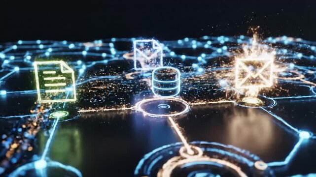 Abstract digital network nodes on glowing blue grid
