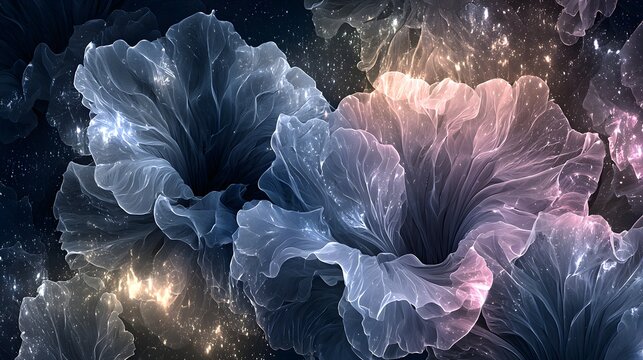 宇宙の光をまとった青とピンクの幻想的な透明花