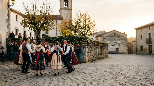 People in traditional clothing performing a folk dance in a village square