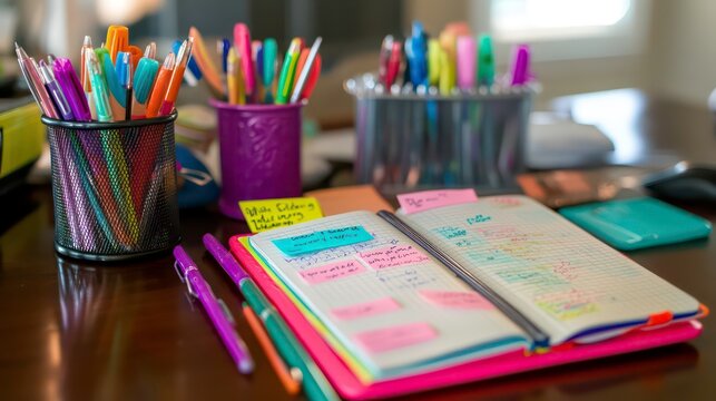 A study area with a mix of bright-colored pens, sticky notes, and a planner opened to a fresh week.