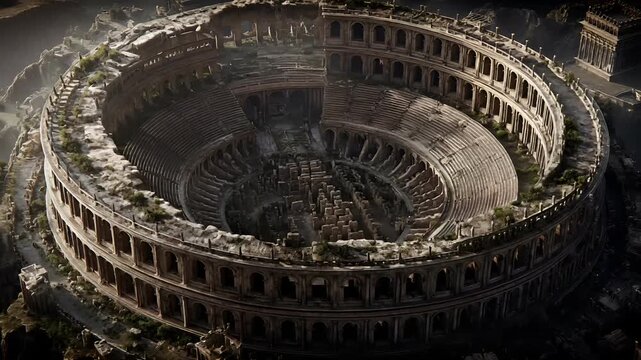 Lost ancient civilization archeology fantasy. A detailed aerial view of the Colosseum, an ancient Roman amphitheater, set against a mountainous backdrop. The colossion is the central focus.