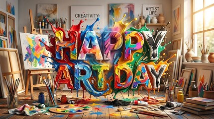 Fototapeta premium Happy art day colorful paint splash text in artist studio