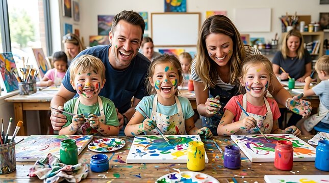 Joyful children and parents enjoying a messy art painting workshop