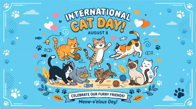 International Cat Day, cat celebration, feline friends, colorful illustration, vector graphics