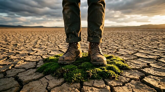 Person in boots standing on green moss in a parched desert landscape