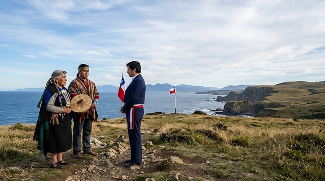 Government official meeting indigenous mapuche elders in chile