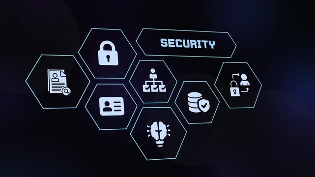 Digital cyber security concept with futuristic tech icons and padlock on abstract glowing dark interface background