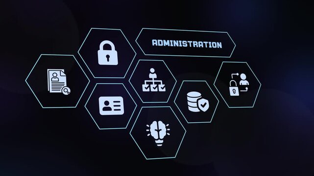 Cyber security administration concept with futuristic digital hud interface and management icons on dark background