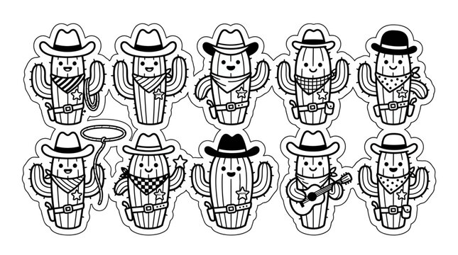 Cactus cartoon characters with cowboy hats.