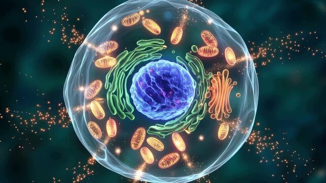 Cinematic 3D microscopic human cell animation, glowing mitochondria generating energy particles, detailed organelles, vibrant biological activity, metabolism and biotechnology concept, 4K video