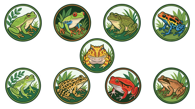 Collection of colorful frog vector drawing set in circle badges, various amphibian species with tropical leaves nature background design