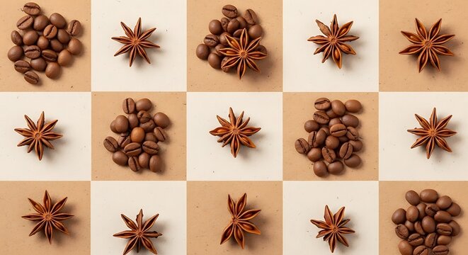 Overhead view of coffee beans and star anise spices on a beige and white checkerboard pattern