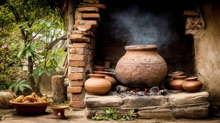 Obraz premium Rustic kitchen scene featuring a clay pot over an open fire, smoke rising, surrounded by handmade pottery and an earthy outdoor setting in a village