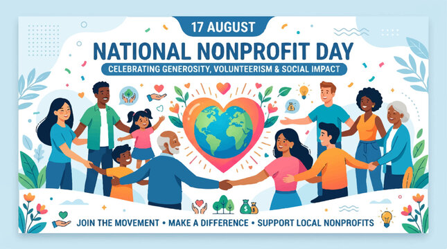 National Nonprofit Day, Charity, Volunteerism, Social Impact, Community, Heart, Globe, Vector Illustration
