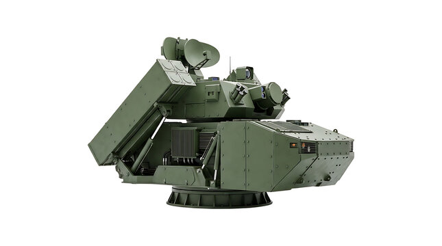 Modern military remote weapon station with missile launcher and radar system, armored combat turret for vehicle integration, isolated on transparent background