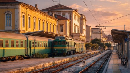 Naklejka premium Vintage train station at sunset with colorful trains and historic architecture in a picturesque setting, capturing the essence of travel and nostalgia