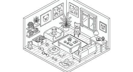 Naklejka premium Isometric line art of a pet-friendly living room featuring cats and dogs, pet beds, toys, furniture, plants, and animal wall art in a clean black and white coloring book style.
