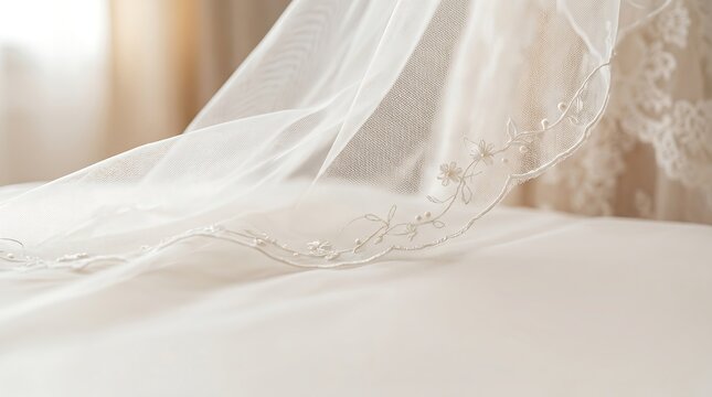 Elegant white bridal veil with floral embroidery