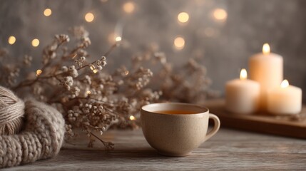 Fototapeta premium Cozy winter scene with a warm cup of tea, decorative candles, and soft textures creating an inviting atmosphere for relaxation and comfort at home
