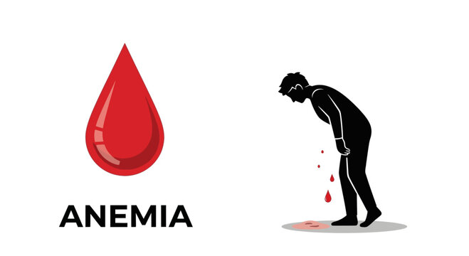 Anemia concept: blood drop and weak person silhouette with blood stain
