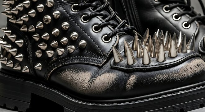 Black leather combat boots featuring sharp silver metal spikes